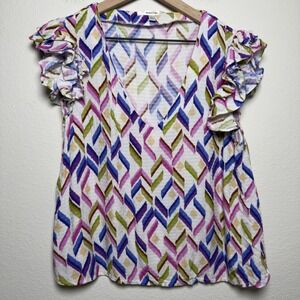 Lalavon Women Top Large Multicolor Geometric Ruffle Sleeve V-Neck Preppy Summer